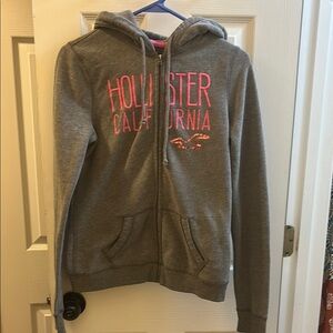 Hollister Heather Gray Zip-Up with Vibrant Pink Text